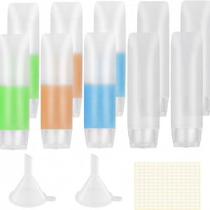 Set 10 sticle pentru sapun cu 2 palnii si etichete Chifoom, silicon, transparent, 9,8 x 2,1 cm