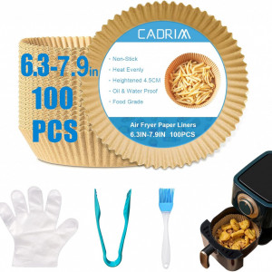 Set 100 hartii de copt pentru friteuza cu aer, manusi, cleste si o pensula Cadrim, silicon, alb/albastru/maro