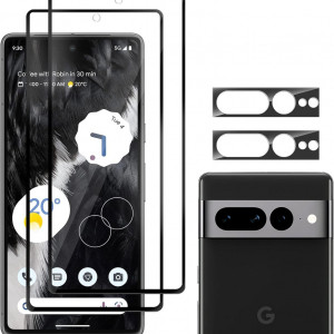 Set 2 folii si 2 protectii pentru camera compatibile cu Google Pixel 7 Pro PhoCathy, sticla securizata, transparent/negru, 6,7 inchi