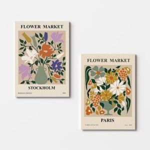 Set 2 tablouri decorative Re-Bloom, model floral, lemn/panza, multicolor, 50 x 70 cm