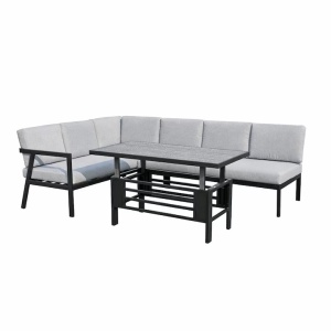 Set 2 x set mobilier gradina Kiwari Montverde, canapea coltar 6 locuri 72/67x166/160x60 cm + masa reglabila 117x63.5x47-67 cm, cadru metal, 9 perne detasabile, terasa/gradina, negru/gri