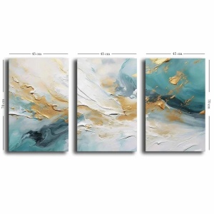 Set 3 tablouri decorative canvas 45x70 cm, panza 100% grosime 2.8mm, rama lemn pin 100%, dimensiune totala 145x70 cm, alb/auriu/albastru - Verificat A · Re-Bloom - Img 4