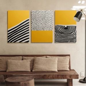 Set 3 tablouri decorative canvas pe cadru de lemn, 3x50x70 cm, contrast modern, galben/alb/negru - Verificat A · Re-Bloom