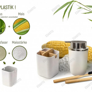 Set 4 periute de dinti, cu suport si dispenser de sapun Edarto, bambus/metal, alb/natur/argintiu