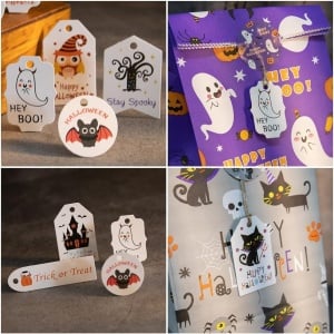 Set 50 etichete cu snur pentru Halloween Butyeak, hartie/textil, multicolor