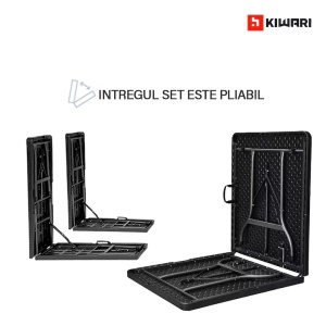 Set 7 x set mobilier gradina Kiwari masa pliabila 180x75x74 cm + 2 banci, 6 persoane, cadru metalic, negru - Img 3