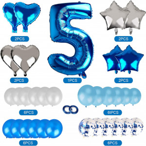 Set aniversar cifra 5 Colmanda, alb/albastru, latex/aluminiu, 33 piese - Img 7