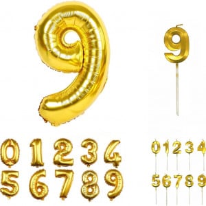 Set aniversar cu balon si lumanare pentru 9 ani REVIBOS, folie/ceara, auriu, 100 cm / 12,5 x 3,5 cm