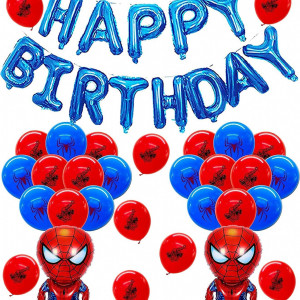 Set aniversar Smileh, model Spider Man, latex/folie, rosu/albastru, 22 bucati, 30 cm / 77 x 46 cm 