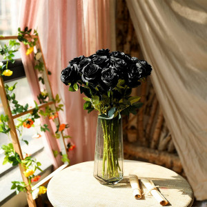 Set de 10 trandafiri artificiali Hawesome, matase/plastic, negru/verde, 54 cm - Img 5