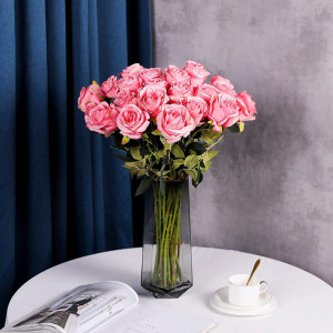 Set de 10 trandafiri artificiali Hawesome, matase/plastic, verde/roz 54 cm - Img 2