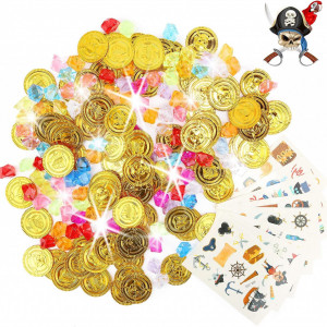 Set de 100 monede si 100 pietre pretioase pentru jocuri cu pirati Colmanda, plastic/hartie, multicolor