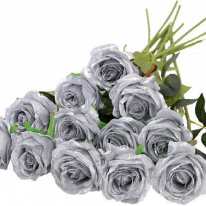 Set de 12 trandafiri artificiali Hawesome, matase/plastic, argintiu/verde, 52 x 7 cm