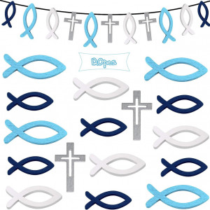 Set de 120 decoratiuni pesti pentru botez LIVESTN, lemn, albastru/alb/argintiu, 3,5 - 5,2 cm 