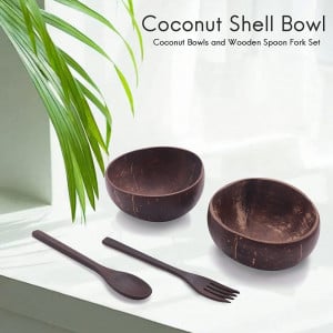 Set de 2 boluri cu lingura si furculita YULIN, lemn de nuca de cocos, maro, 19 x 13 x 5 cm - Img 5