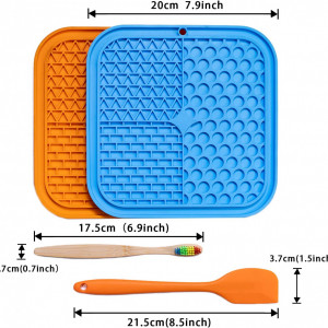 Set de 2 covorase, o spatula si o periuta pentru mancarea animalelor de companie Xummi, silicon/lemn, portocaliu/albastru/natur - Img 3