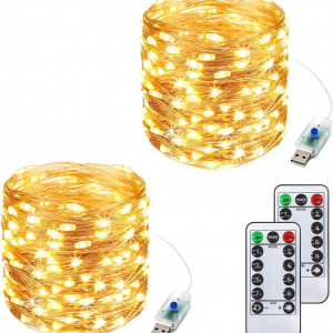 Set de 2 instalatii cu 200 de LED-uri ITIC decor, plastic, alb cald, USB, 8 moduri iluminare, 20 m - Img 1