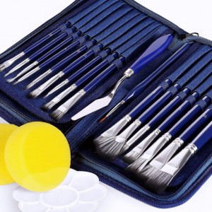 Set de 21 pensule cu spatula farfurie si bureti pentru pictura Artkaler, lemn/par/meta, albastru