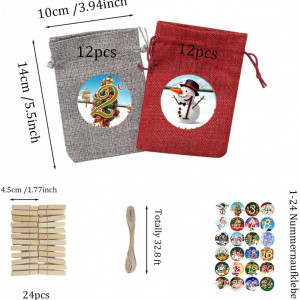 Set de 24 saculeti 24 cleme si 24 stickere pentru calendarul de advent Dsplopk, lemn/in/PVC, multicolor - Img 7