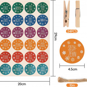 Set de 24 saculeti 24 cleme si 24 stickere pentru calendarul de advent VGOODALL, lemn/textil/PVC, multicolor - Img 6