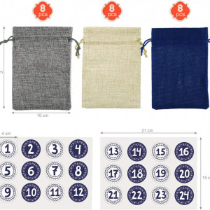Set de 24 saculeti cu autocolante pentru calendar de advent Naler, textil/hartie, albastru/gri/bej, 10 x 14 cm/ 4 cm - Img 6