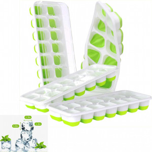 Set de 4 forme cu capac pentru cuburi de gheata MufHomse, silicon/polipropilena, alb/verde, 25,1 x 9,9 x 3 cm