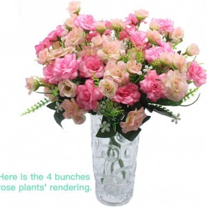 Set de 4 trandafiri artificiali JaneYi , verde/ roz, matase/ plastic - Img 2