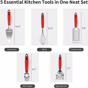 Set de 5 ustensile de bucatarie SAVORLIVING, otel inoxidabil/PP, rosu/argintiu - Img 2