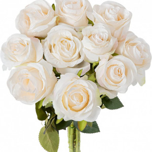 Set de 6 trandafiri artificiali Hawesome, matase/plastic, crem, 54 cm - Img 1