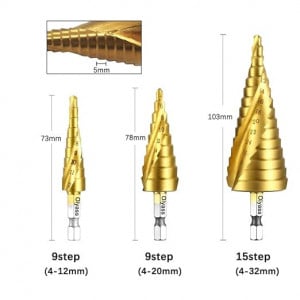 Set de burghie trepte Oiyass HSS, otel, auriu, 4-12 mm, 4-20 mm, 4-32 mm