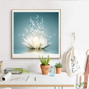 Set de creatie cu diamante SULISO, model floare de lotus, alb/albastru, 30 x 30 cm