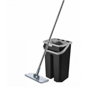 Set de curatenie Vanora Home Master Clean, mop plat cu stoarcere automata, 2 piese, plastic/ inox, negru/gri - Img 1