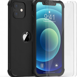 Set de husa cu doua folii de protectie ecran pentru iPhone 12 Pro Oretech, sticla securizata/cauciuc siliconic, negru/transparent, 6,1 inchi - Img 1