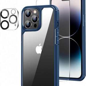 Set de husa cu folii de ecran si camera compatibil cu iPhone 14 Pro Amizee, TPU/sticla securizata, albastru/transparent, 6,1 inchi - Img 1