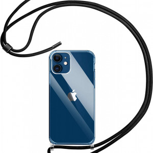 Set de husa cu snur si 2 folii de protectie pentru iPhone 12 Pro Yirsur, plastic/sticla/metal, transparent/negru, 6,1 inchi