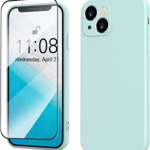 Set de husa si folie de protectie pentru iPhone 13 Mitetabo, silicon/sticla securizata, verde menta, 6,1 inchi