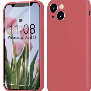 Set de husa si folie de protectie pentru iPhone 13 Mitetabo, silicon/sticla securizata, rosu, 6,1 inchi