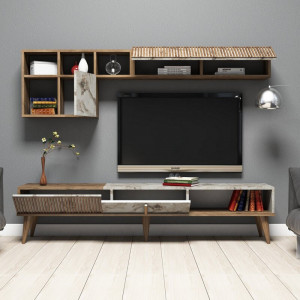 Set de mobilier pentru living Koga, PAL, maro/alb, 180 x 48,6 x 35 cm - Img 2