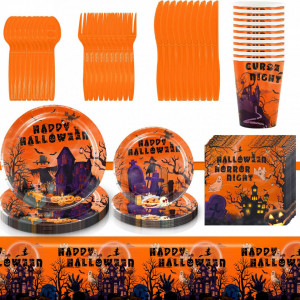 Set de tacamuri pentru petrecere Halloween Miotlsy, carton/polietilena, portocaliu, 81 piese, 10 persoane - Img 1