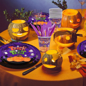 Set de vase cu tacamuri pentru Halloween Simyron, pentru 10 persoane, plastic/hartie, multicolor, 86 piese - Img 5