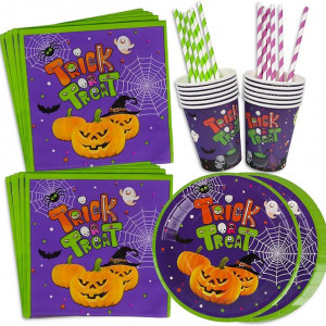 Set de vesela pentru Halloween Yisscen, hartie, multicolor, 48 piese