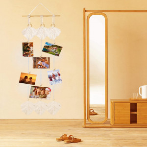 Set decor de perete si 18 cleme pentru colaj de fotografii BINOTHINK, macrame/lemn, alb, 150 cm x 35 - Img 3