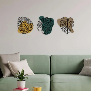 Set decoratiuni de perete Re-Bloom, 3 piese, model frunze, metal/lemn, multicolor - Img 4