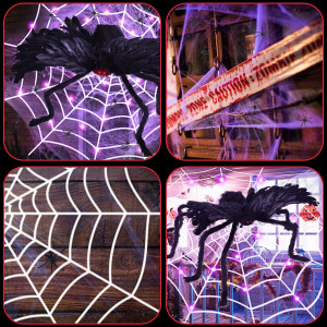 Decor de Halloween iluminat cu panza si paianjen gigant Herefun, plastic/textil, negru/mov