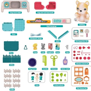 Set ghiozdan jucarie 3 in 1 Rovo 998-1, Spital Catel, Veterinar, 59 piese - Albastru - Img 5