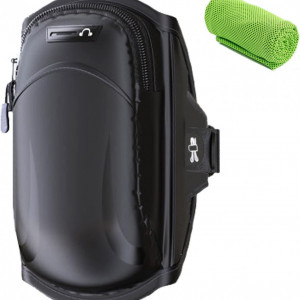 Set husa de telefon tip banderola pentru alergare/antrenament si prosop CYchen, nailon, negru/verde, compatibil cu telefoanele de pana la 6,5 inchi - Img 1
