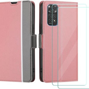 Set husa flip si 2 folii de protectie  pentru Xiaomi Redmi Note 11 4G/11S Atisijie, textil/TPU/sticla securizata, roz/gri/transparent, 6,43 inchi