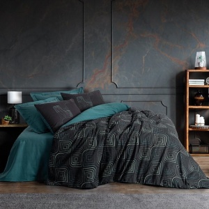 Set husa pilota + fata de perna, bumbac ranforce 100%, 135x200 cm + 80x80 cm, albastru petrol/negru - Verificat A · Re-Bloom