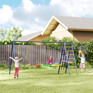Set leagan de gradina 6in1 pentru copii, otel/PE/PP, 350x183x200 cm, leagan cuib Ø100cm + leagan centura + plasa catarare 220x50cm + leagan franghie + cos baschet Ø38cm, capacitate 40kg/scaun 160kg total, varsta 3-8 ani, certificat EN71, 4 tarusi inclusi, - Img 2