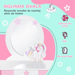 Set masuta de machiaj cu taburet pentru copii Re-Bloom, MDF/acrilic, masa 49x34x90 cm, scaun 26x26x28 cm, oglinda 25x32 cm, varsta 3-8 ani, roz/alb - Verificat A · Re-Bloom - Img 4